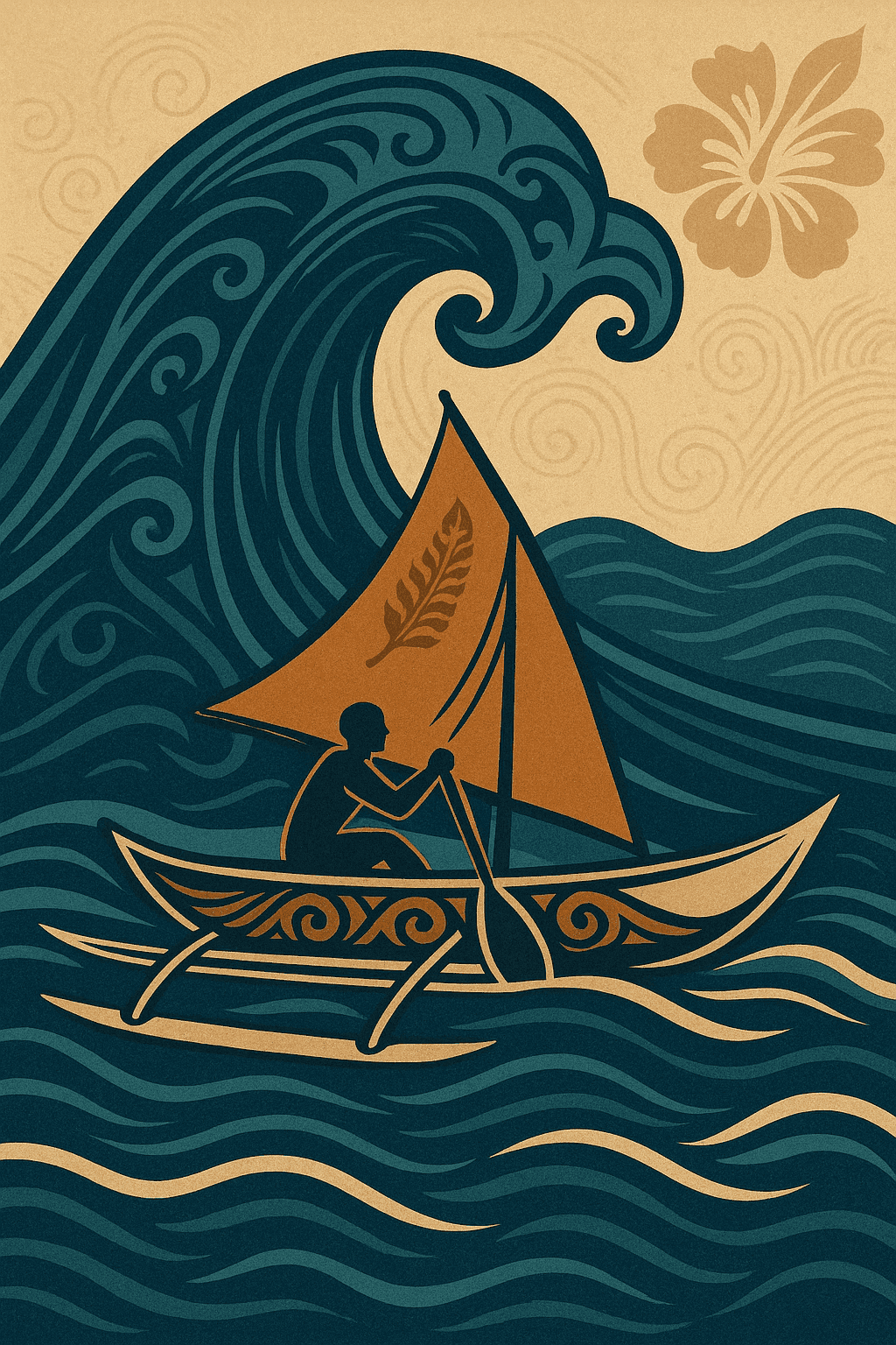 Pirogue polynésienne surfant sur une vague stylisée, dans un style graphique élégant et culturellement ancré