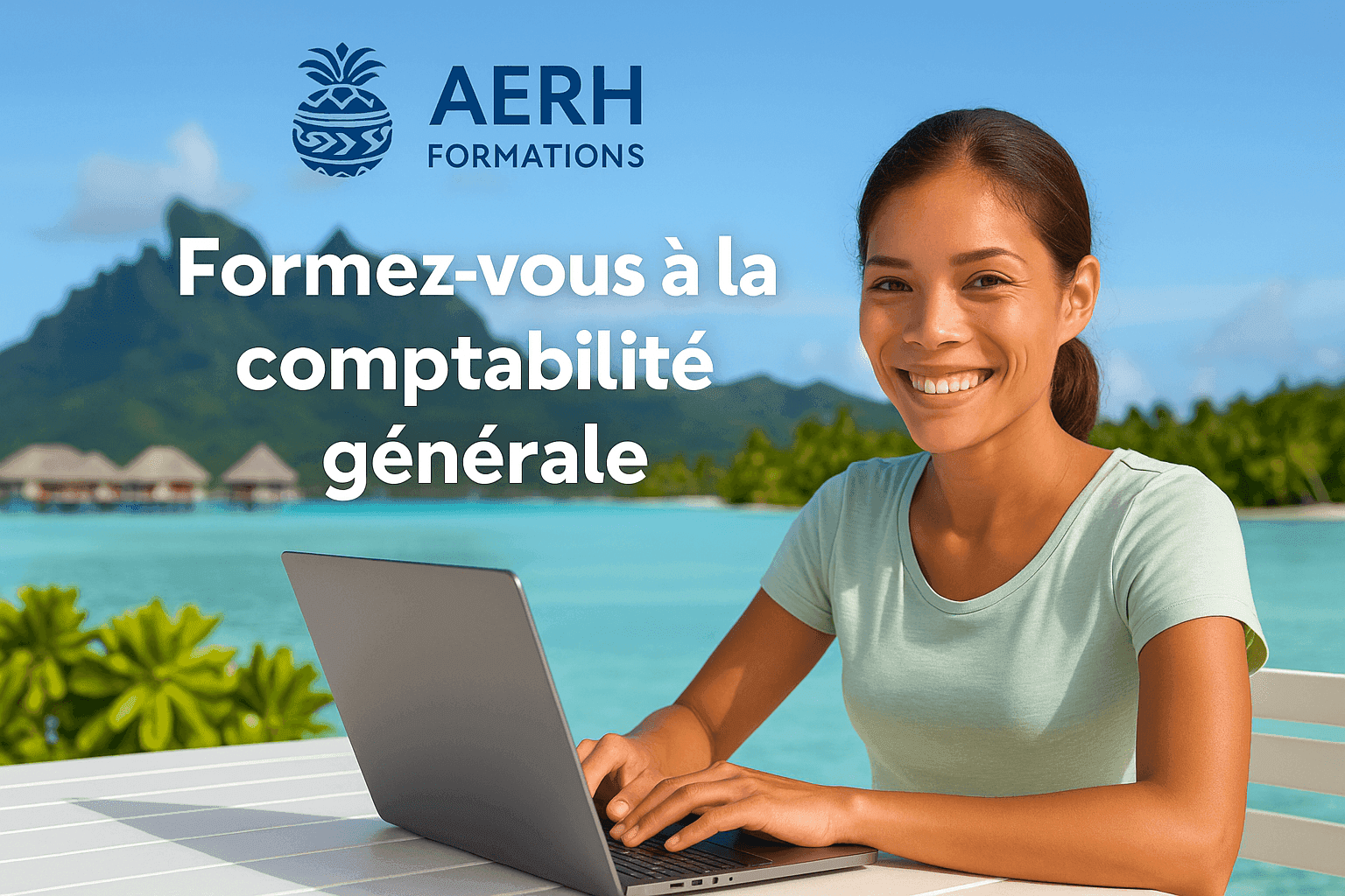 Smiling woman using a laptop near a tropical beach, with text promoting general accounting training.